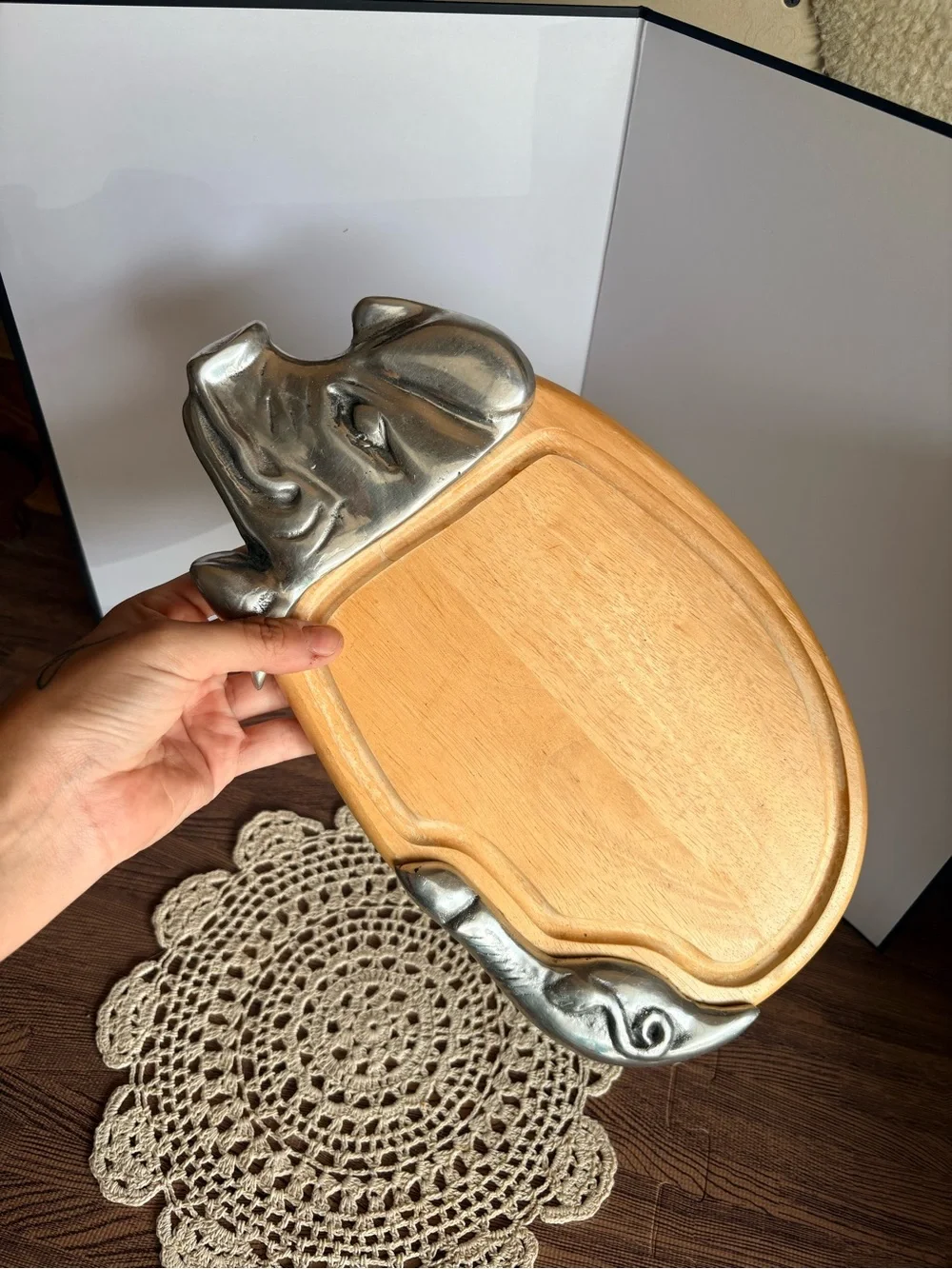 Vintage Silver and Natural Wood Pig-Shaped Serving Tray